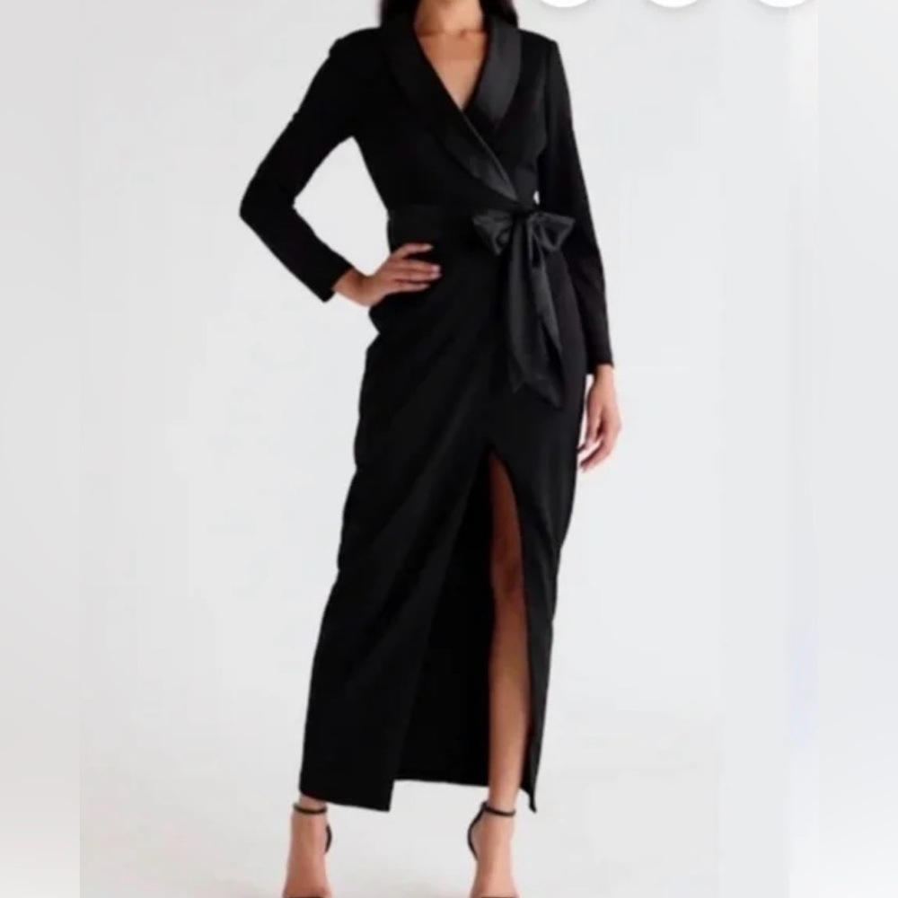 Eliza J Black Long-Sleeve Wrap Tuxedo Dress with Front Slit and Waist Tie